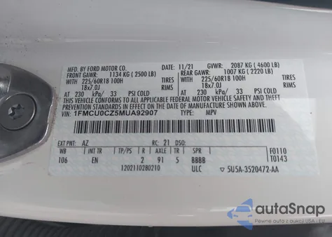 2021 Ford Escape Sel Hybrid z USA, uszkodzony, nr VIN 1FMCU0CZ5MUA92907